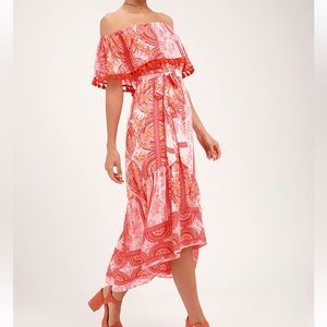 Lulus De La Sol Orange and White Print Off-the-Shoulder Midi Dress